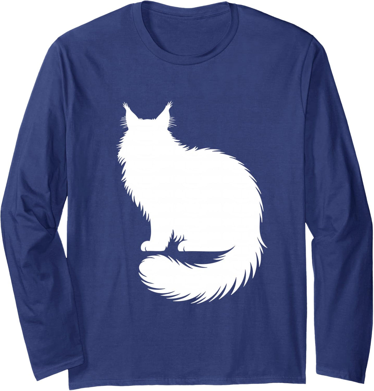 Maine Coon Fluffy Silhouette Cat Lover Long Sleeve T-Shirt - Adult Unisex Navy Blue