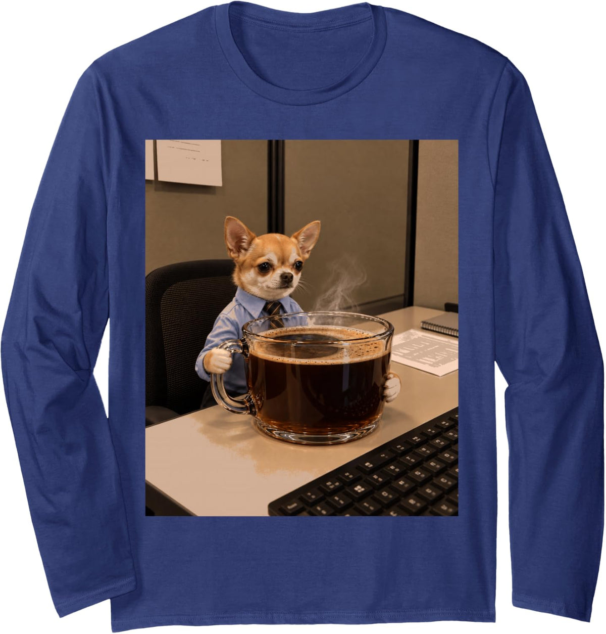 Office Chihuahua with Giant Coffee Long Sleeve T-Shirt - Adult Unisex Navy Blue