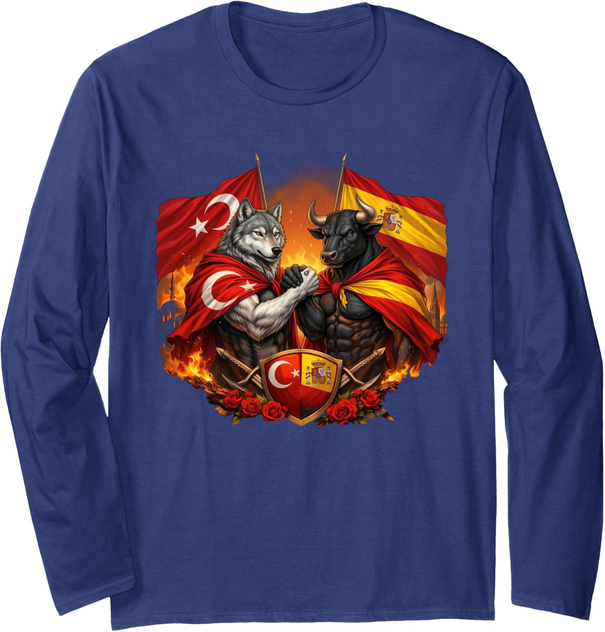 Turkish Spanish Friendship Turkey Spain Flag Present Long Sleeve T-Shirt - Adult Unisex Navy Blue