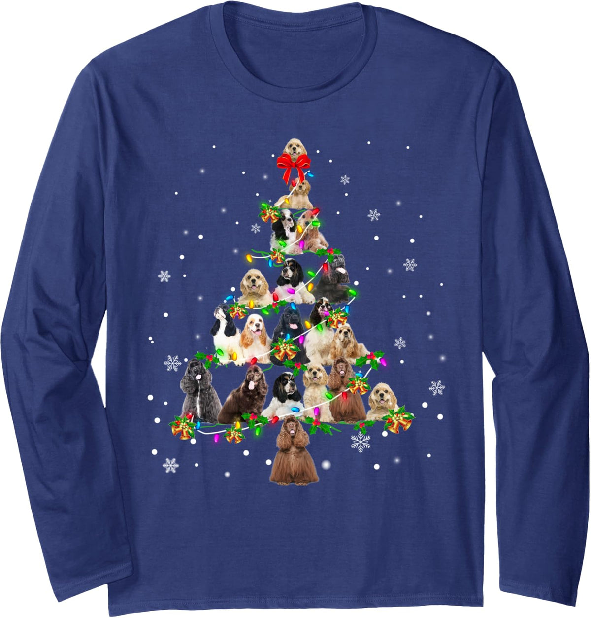 American Cocker Spaniel Christmas Tree X-Mas Gift Long Sleeve T-Shirt - Adult Unisex Navy Blue
