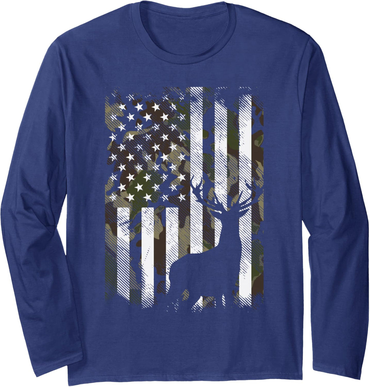 Camo American Flag Deer Elk Buck Hunting USA Hunter Gift Long Sleeve T-Shirt - Adult Unisex Navy Blue