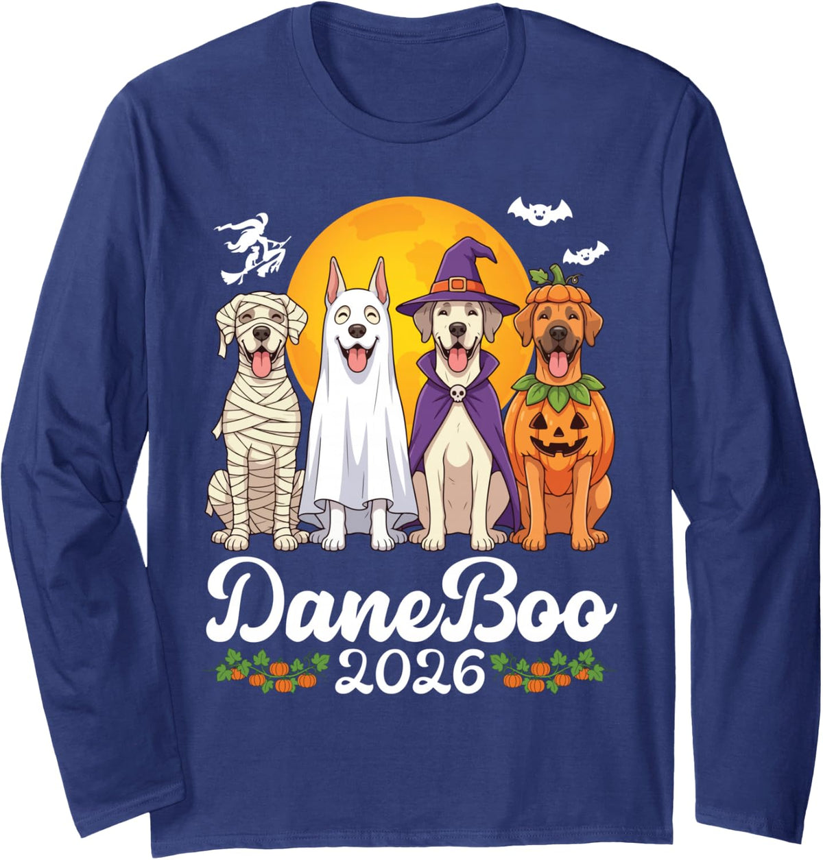 Great Dane Boo 2026 Spooky Halloween Dog Dad Mom Fall Season Long Sleeve T-Shirt - Adult Unisex Navy Blue