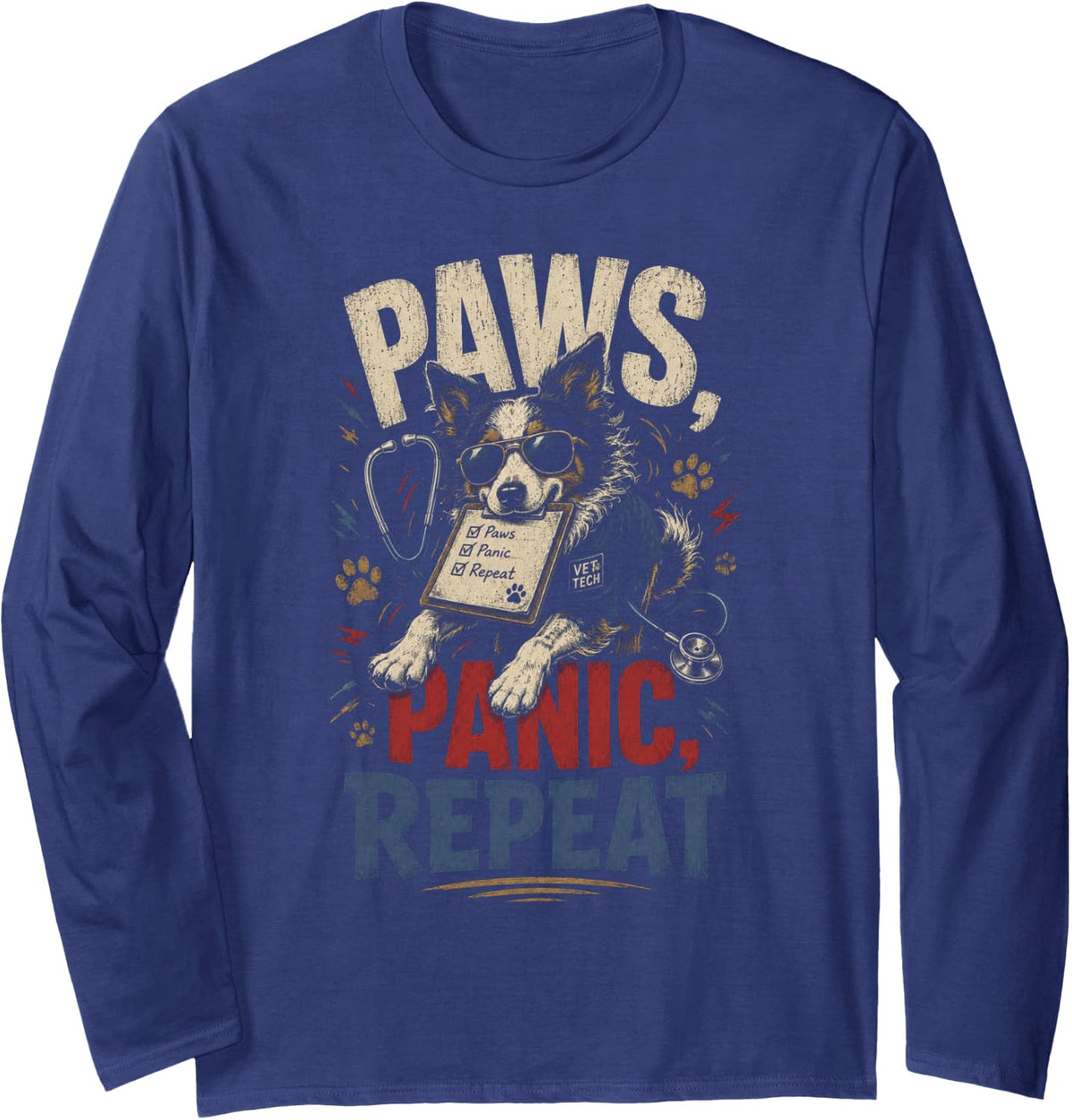 Retro Vet Tech Paws Panic Repeat Funny Veterinary Assistant Long Sleeve T-Shirt - Adult Unisex Navy Blue