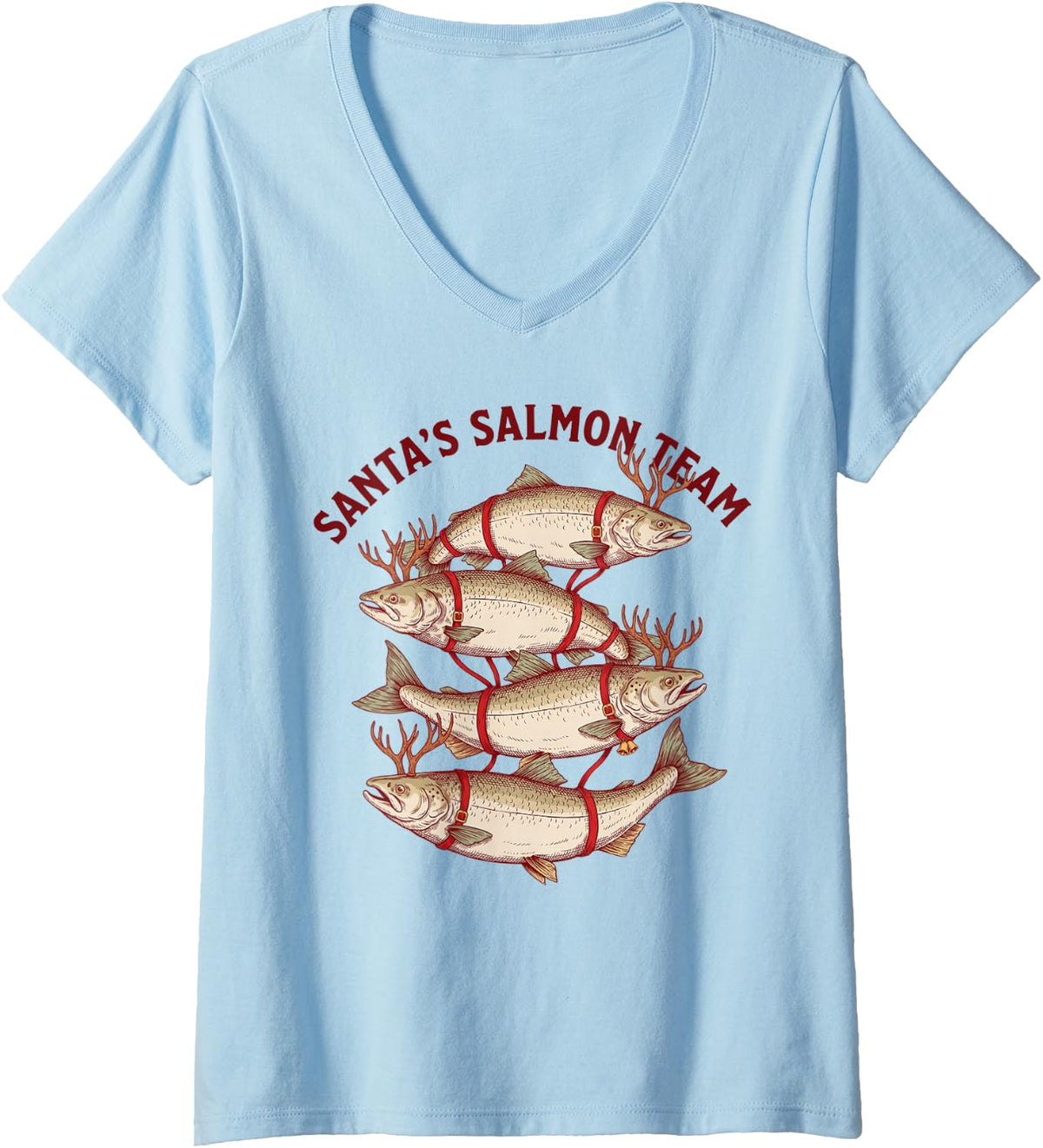 Women's Santas Salmon Team Reindeer Antlers Xmas Fisherman V-Neck T-Shirt - Baby Blue
