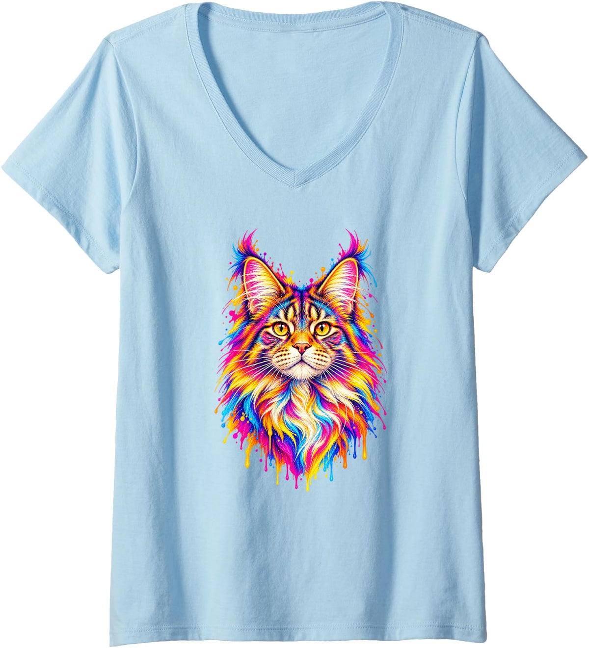 Women's Maine Coon Cat Colorful Pop Art Paint Splash V-Neck T-Shirt - Baby Blue