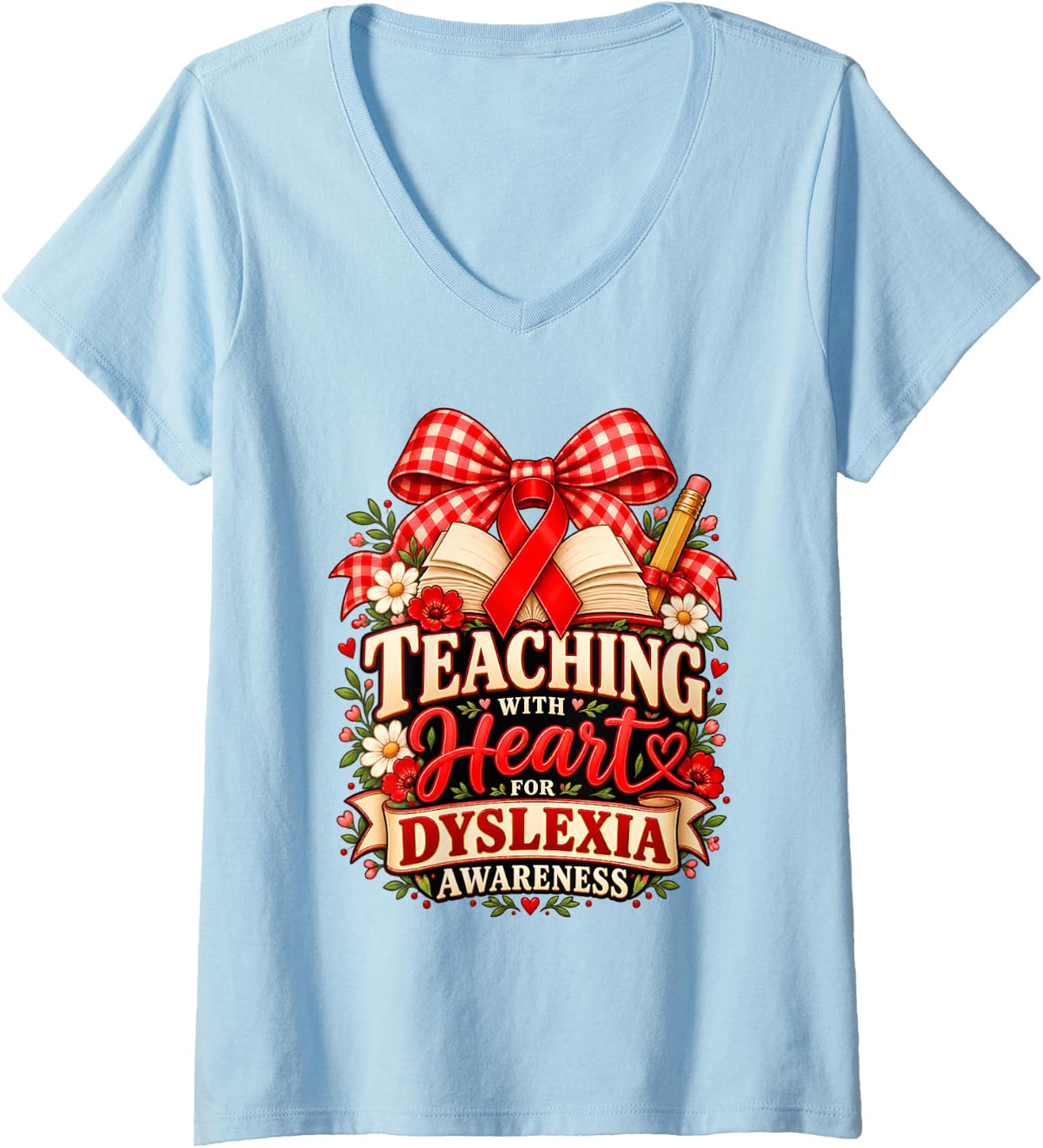 Women's Teaching with Heart for Dyslexia Awareness Teacher V-Neck T-Shirt - Baby Blue