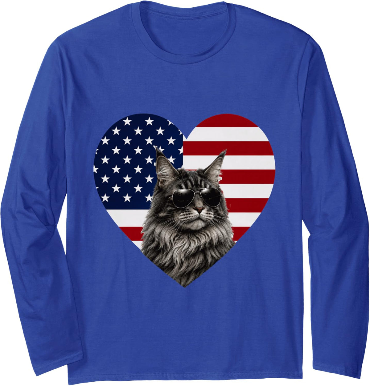 Maine Coon Cat USA Flag Heart Patriotic Maine Coon Long Sleeve T-Shirt - Adult Unisex Royal Blue