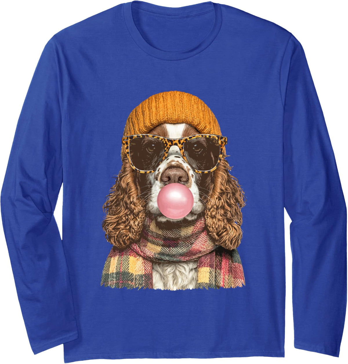 Fall Cocker Spaniel with Sunglasses and Bubblegum Autumn Dog Long Sleeve T-Shirt - Adult Unisex Royal Blue