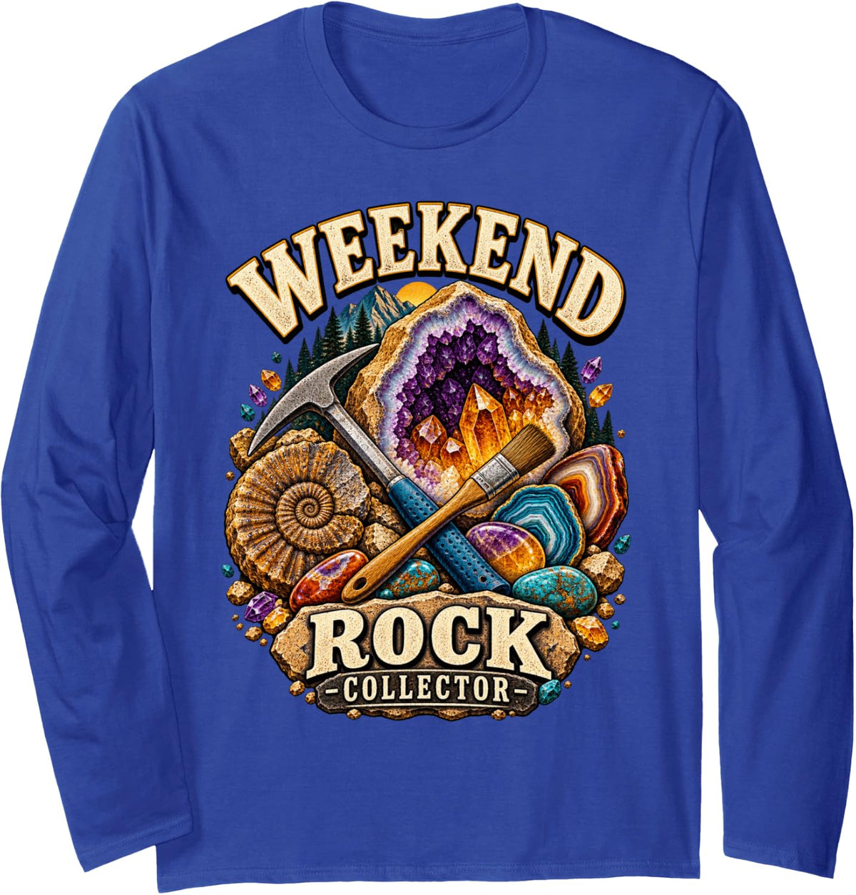 Weekend Rock Collector Geology Fossil Hunter Hobby Long Sleeve T-Shirt - Adult Unisex Royal Blue