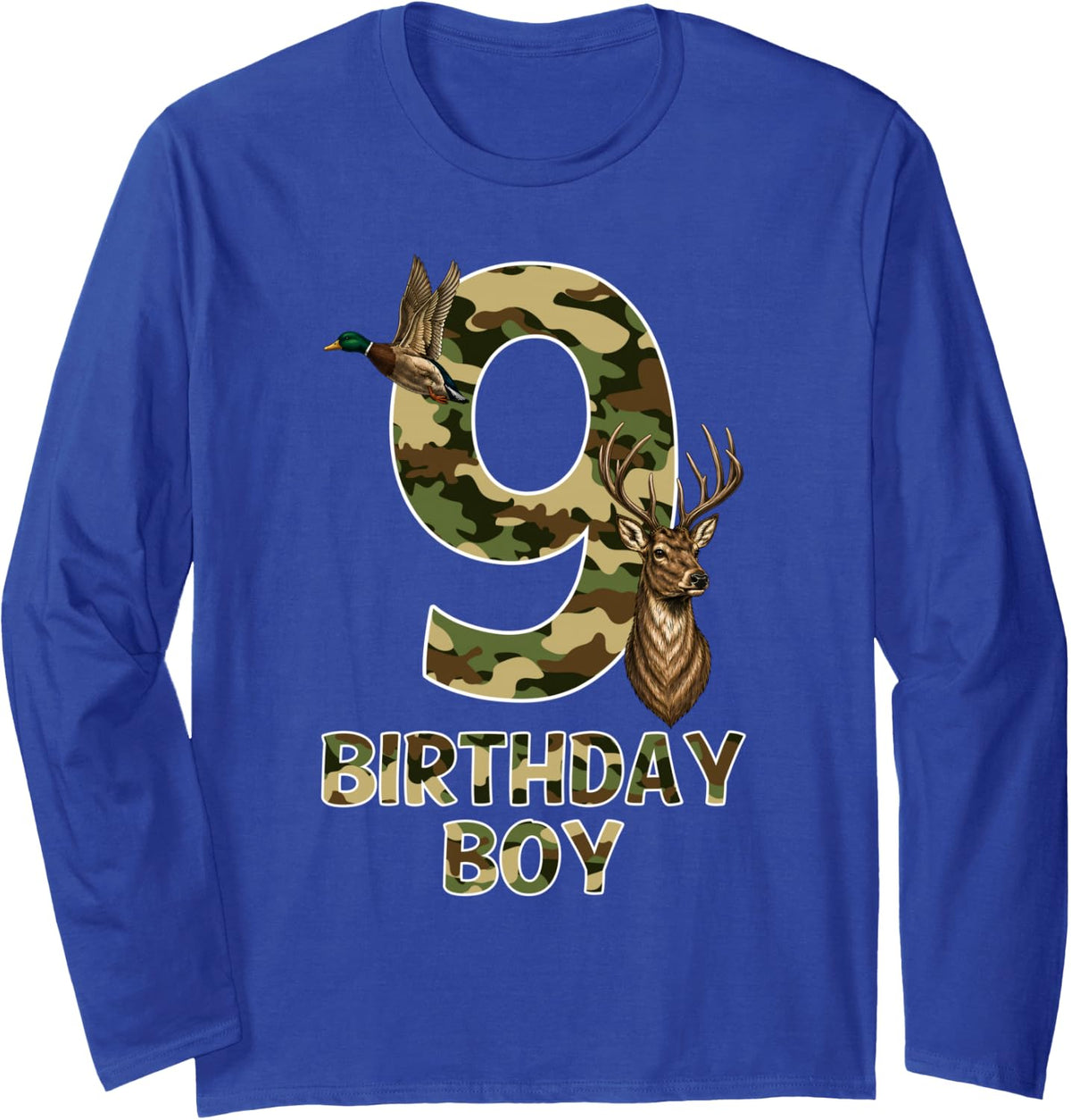 9th Birthday Boy 9 Year Old Camo Deer Duck Hunter Long Sleeve T-Shirt - Adult Unisex Royal Blue