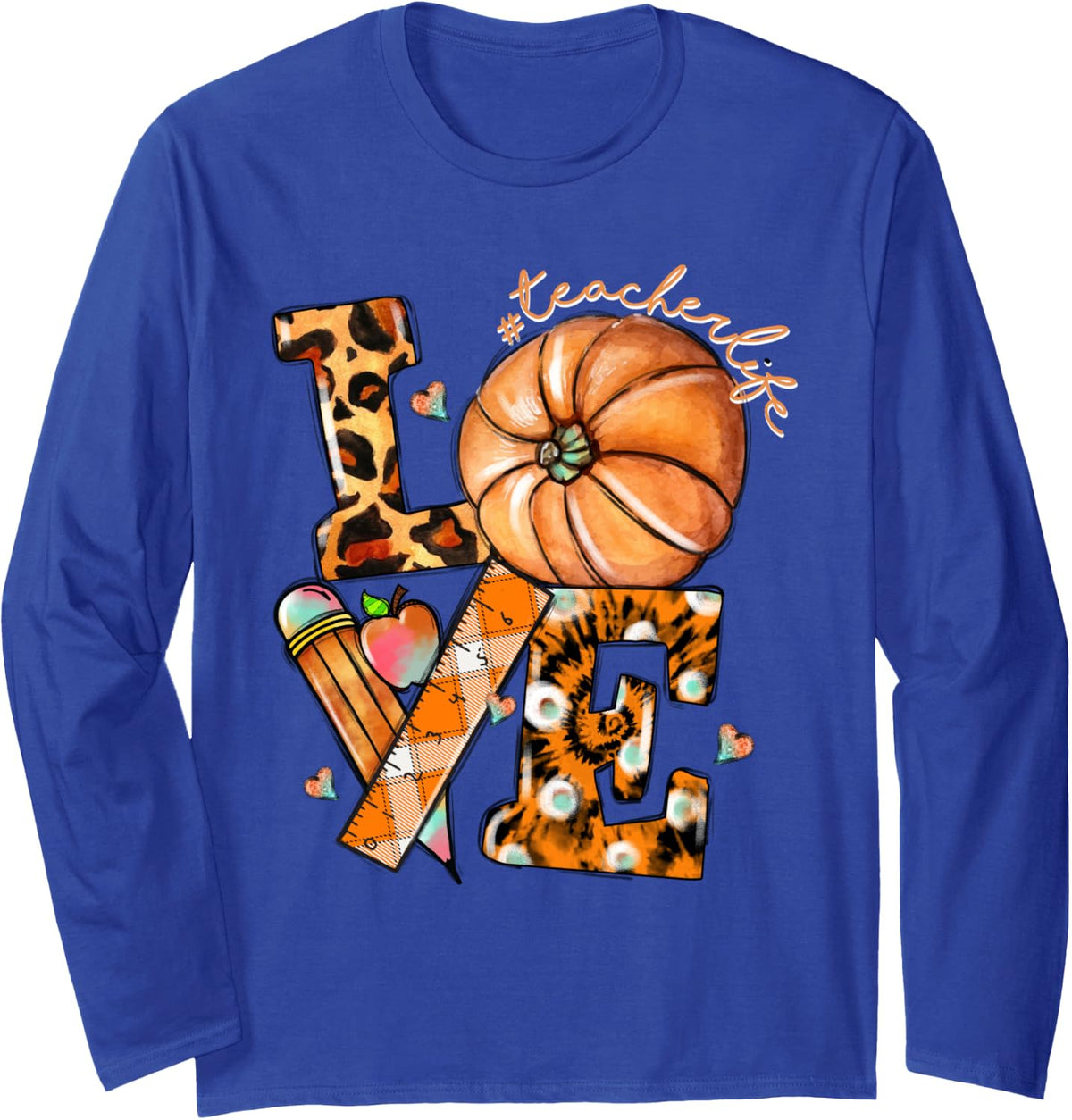 Thanksgiving Teacher Life Pumpkin Love Leopard Fall Vibes Long Sleeve T-Shirt - Adult Unisex Royal Blue