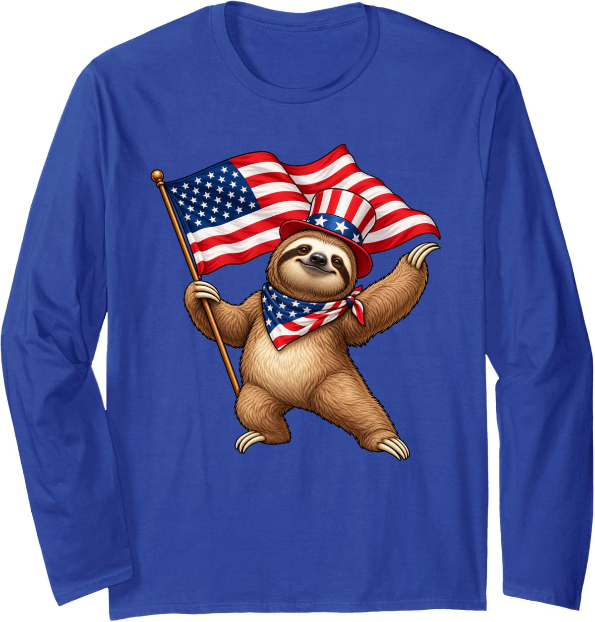 American Flag Sloth 4th of July Long Sleeve T-Shirt - Adult Unisex Royal Blue