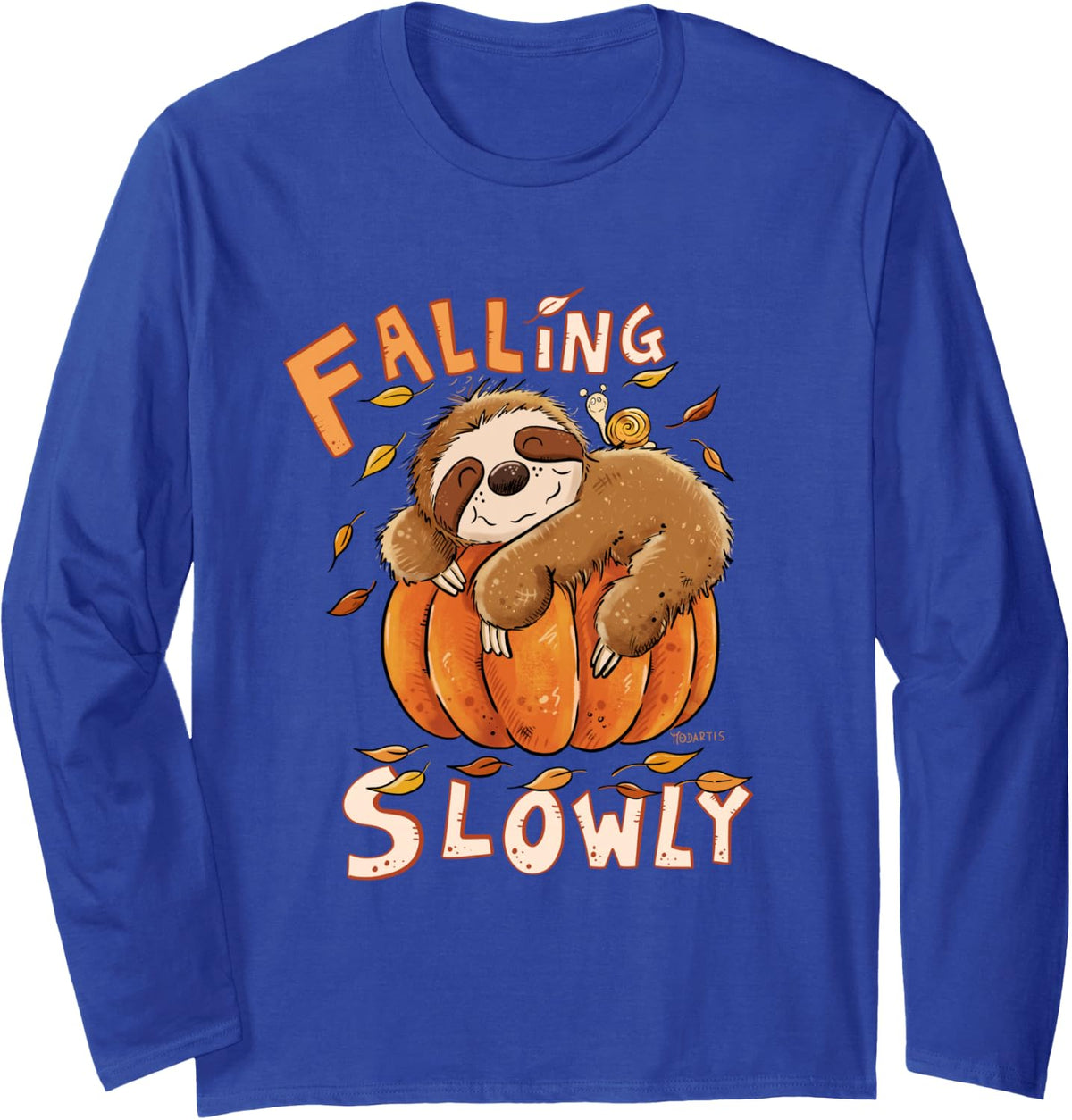 Cute Sloth Pumpkin Fall Quote Halloween Hand Drawn Cartoon Long Sleeve T-Shirt - Adult Unisex Royal Blue