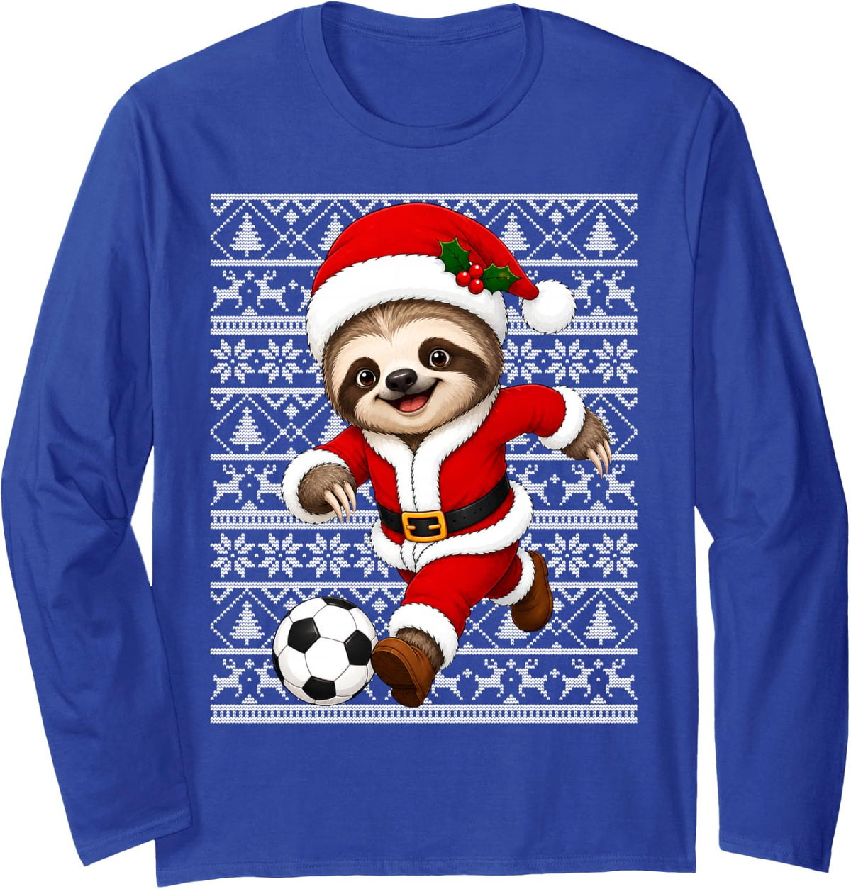 Sloth Playing Soccer Christmas Sports Santa Sloth Xmas Ugly Long Sleeve T-Shirt - Adult Unisex Royal Blue