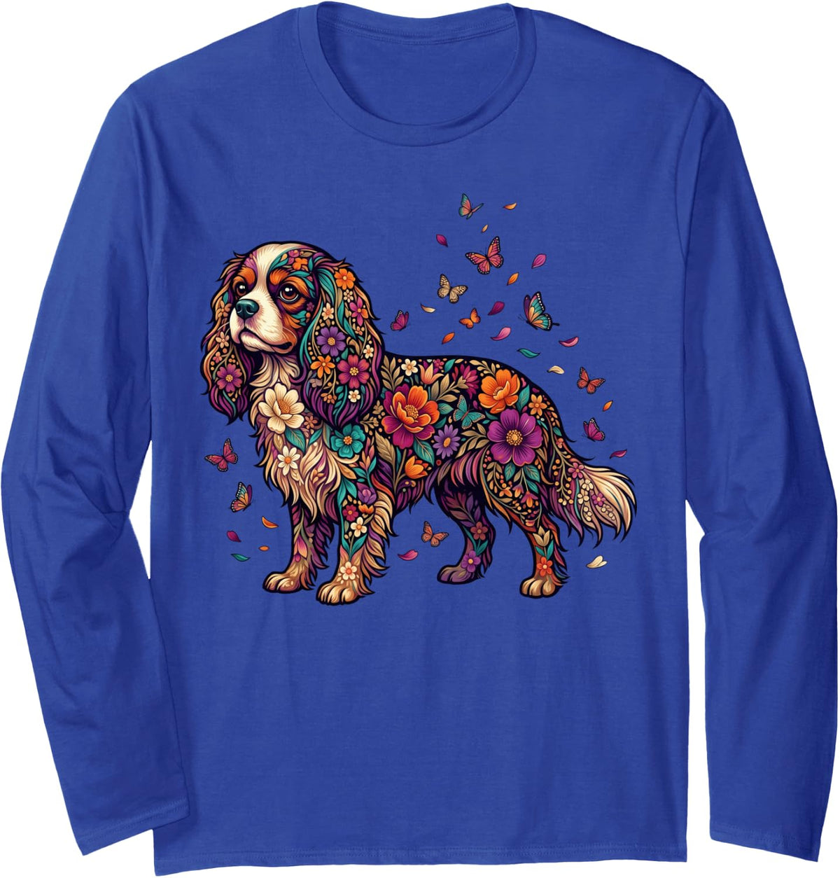Cavalier King Charles Spaniel Colorful Floral Butterfly Long Sleeve T-Shirt - Adult Unisex Royal Blue