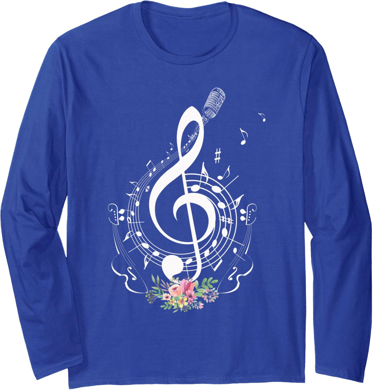 cut music notes clef teacher shirt,musical Notes and Flowers Long Sleeve T-Shirt - Adult Unisex Royal Blue