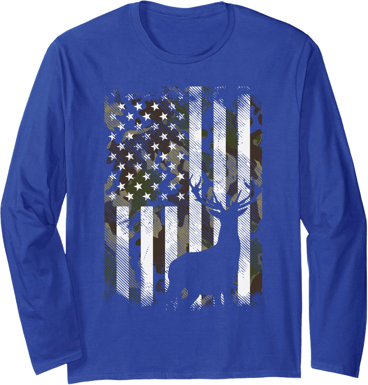 Camo American Flag Deer Elk Buck Hunting USA Hunter Gift Long Sleeve T-Shirt - Adult Unisex Royal Blue