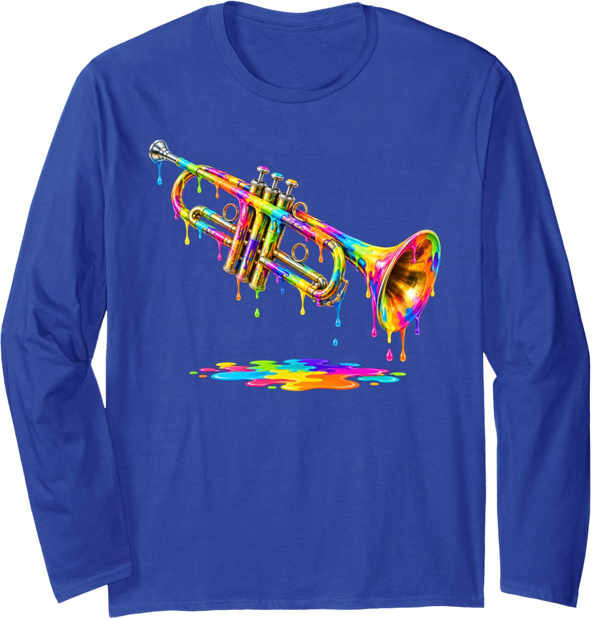 Colorful Trumpet Dripping Paint Trumpeter Long Sleeve T-Shirt - Adult Unisex Royal Blue