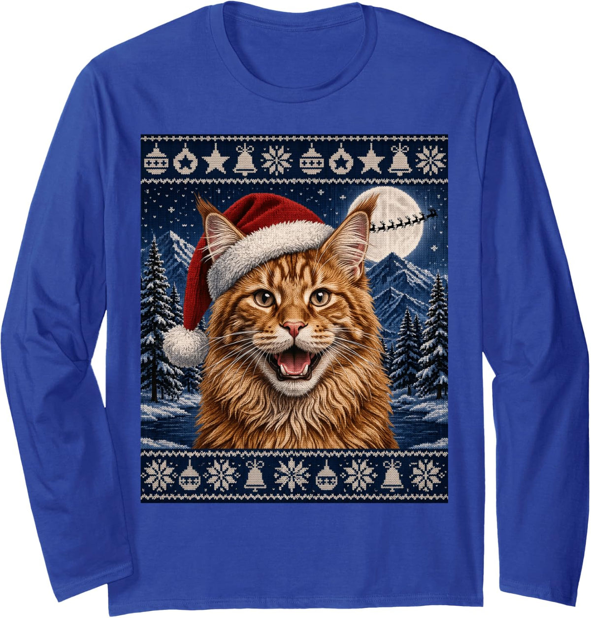 Maine Coon Cat Santa Ugly Christmas Long Sleeve T-Shirt - Adult Unisex Royal Blue