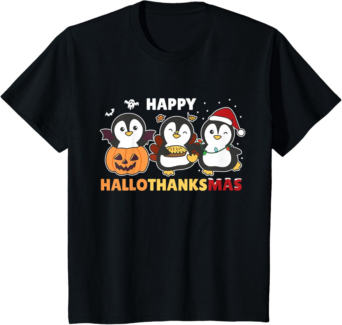 Penguin Christmas Halloween Costume Happy Hallothanksmas T-Shirt - Black