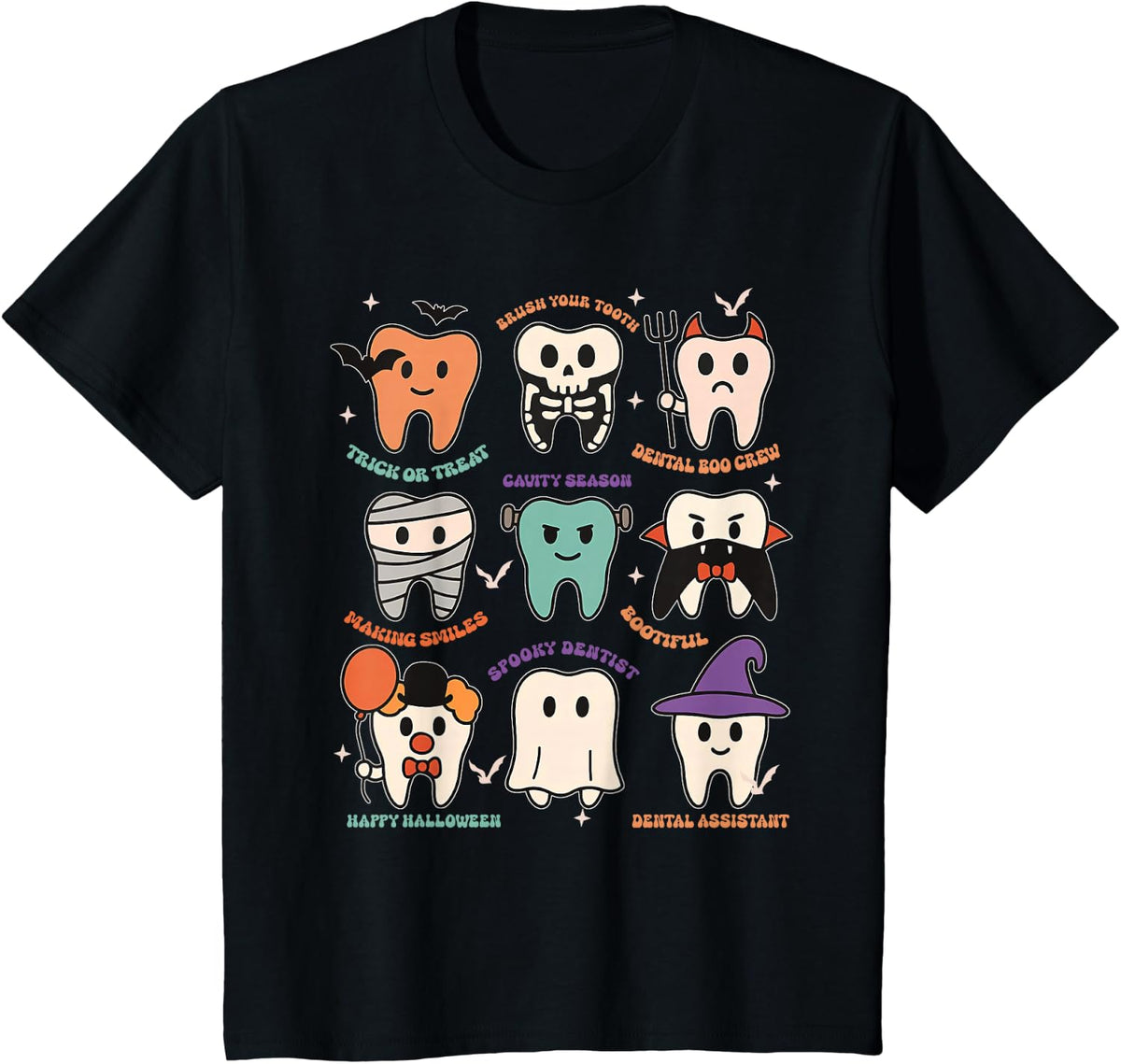 Funny Dental Hygiene Monsters Teeth Squad Halloween Costume T-Shirt - Black