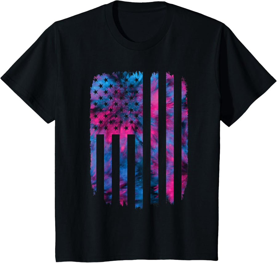 Tie Dye American Flag 4th of July USA Patriotic Graphic T-Shirt for Women Kids Men - Black