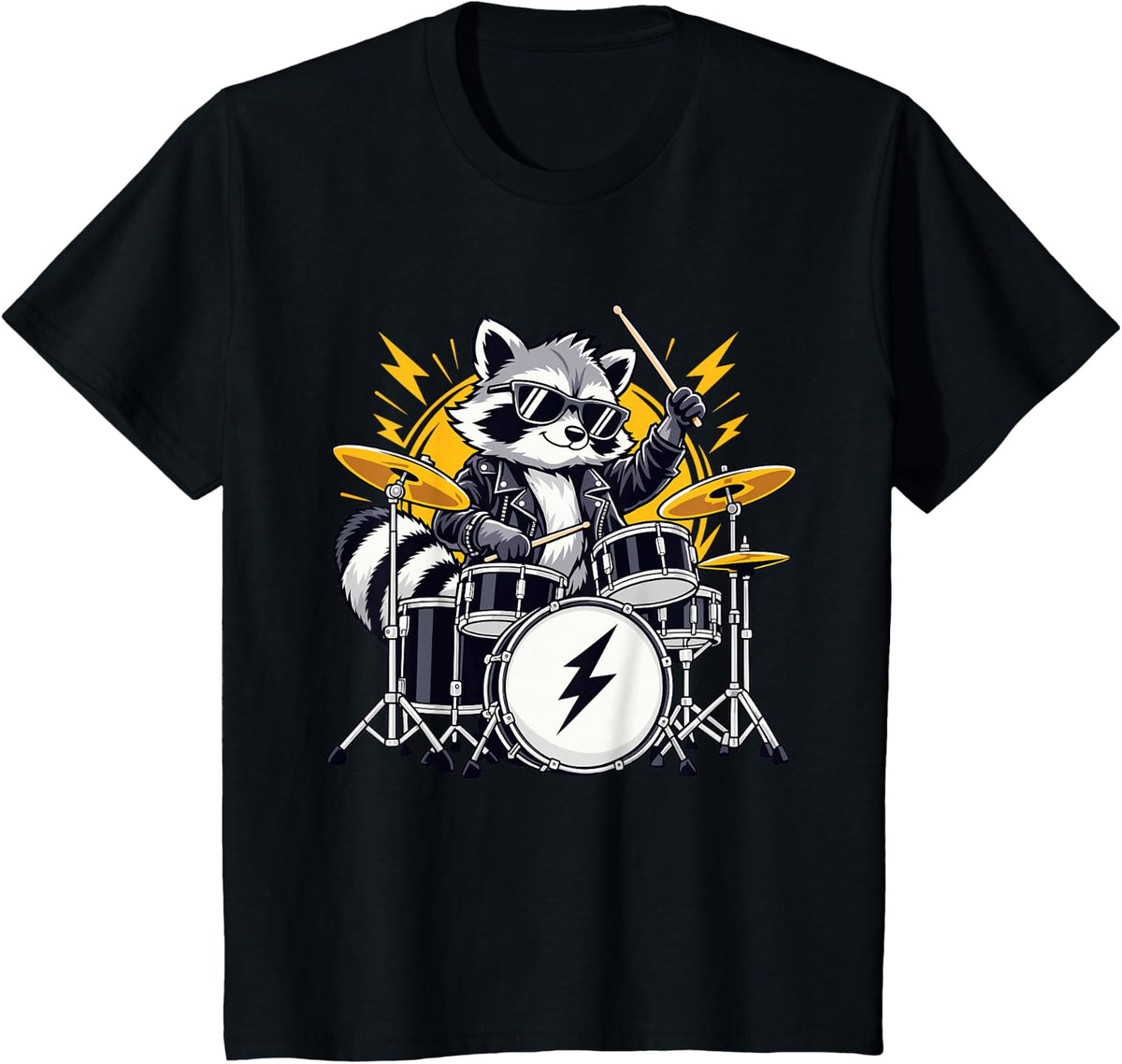 Funny Raccoon Drummer Musician Playing Drums T-Shirt - Black