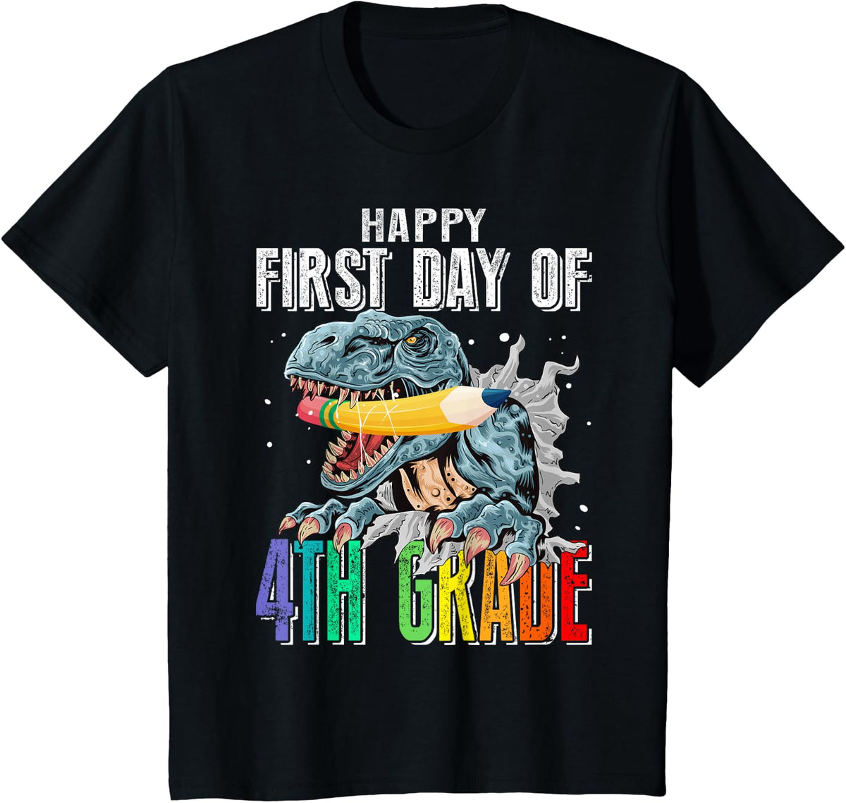 Happy First Day Of 4th Grade Dinosaur Back To School T-Shirt - Black
