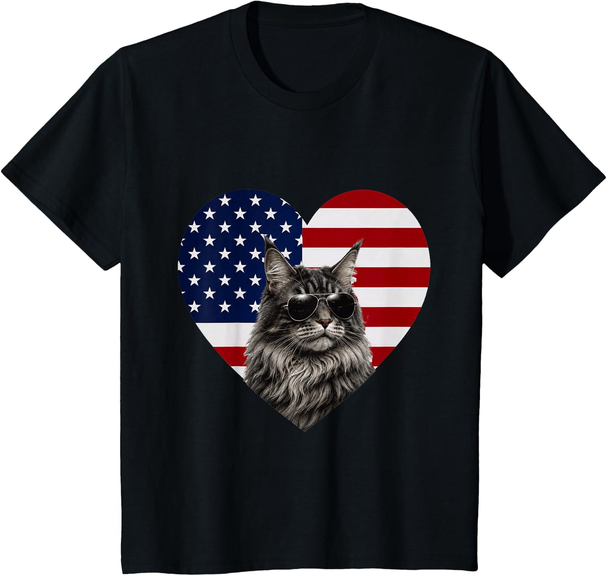 Maine Coon Cat USA Flag Heart Patriotic Maine Coon T-Shirt - Black