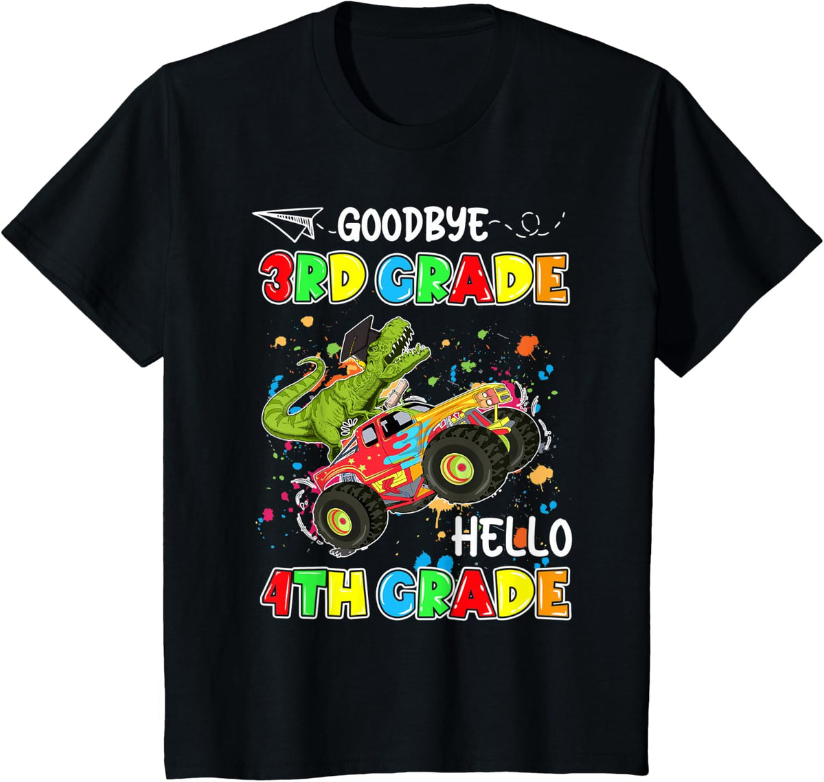 Goodbye 3rd Grade Hello 4th Grade Dinosaur Back To School T-Shirt Tee For Kids - Black