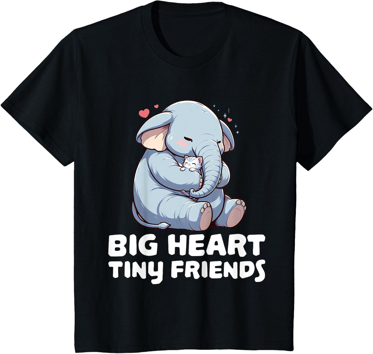 Big Heart Tiny Friends Cute Elephant and Cat Hug T-Shirt - Black
