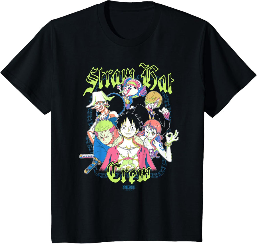 One Piece Anime Straw Hat Crew Punk Hazard Neon Colors T-Shirt - Black