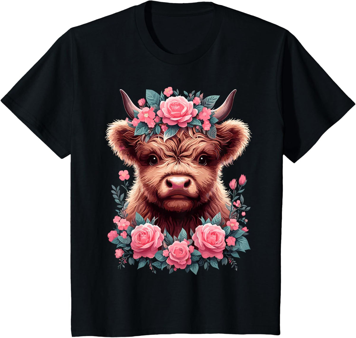 Highland Cow Roses Cute Floral Cow Lover T-Shirt - Black