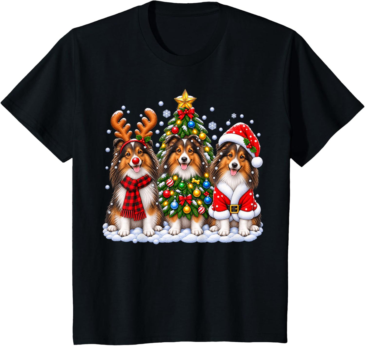 Shetland Sheepdog Merry Christmas Santa Hat Holidays Xmas T-Shirt - Black