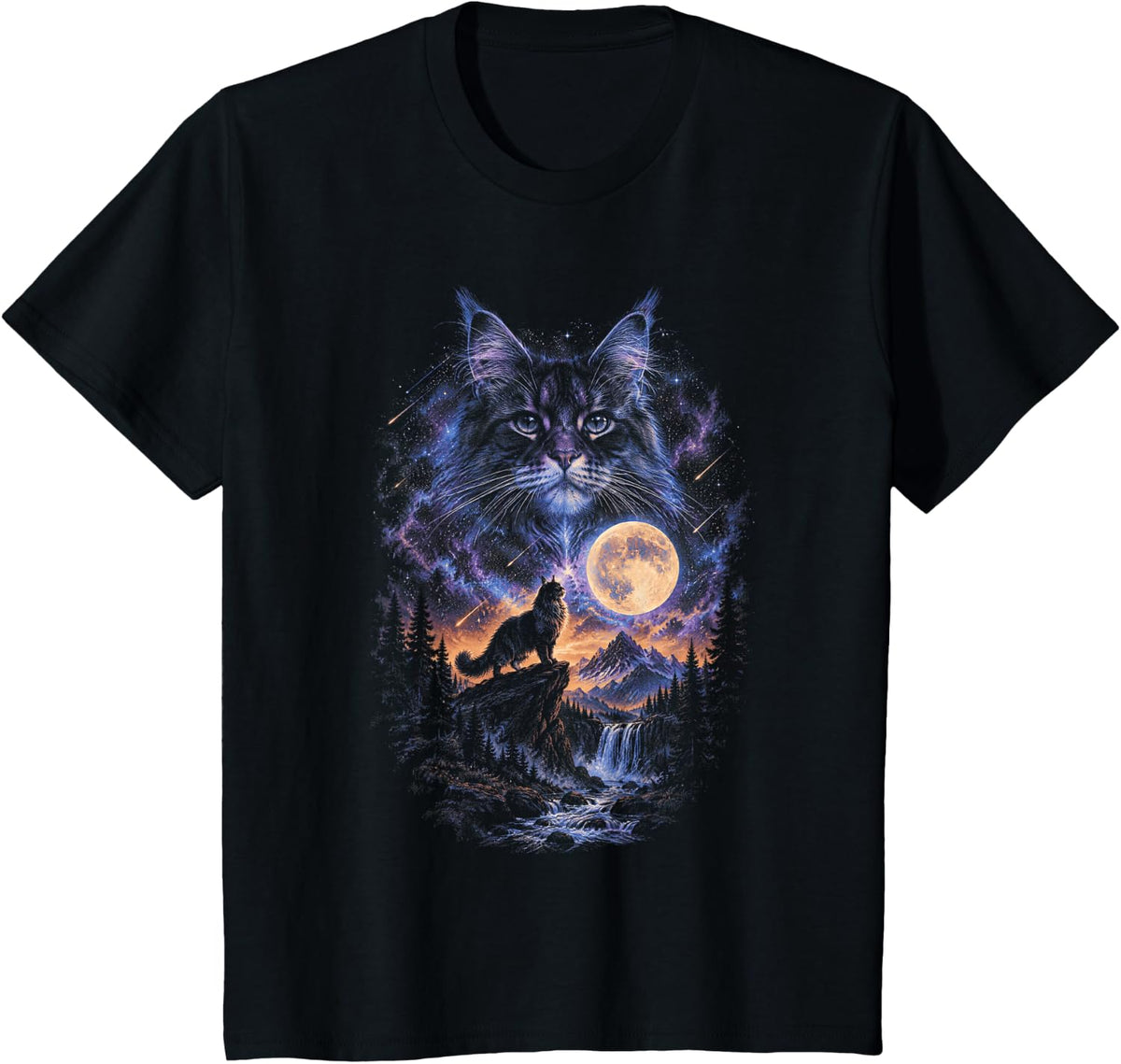 Maine Coon Cat Cosmic Galaxy Howling Moon T-Shirt - Black
