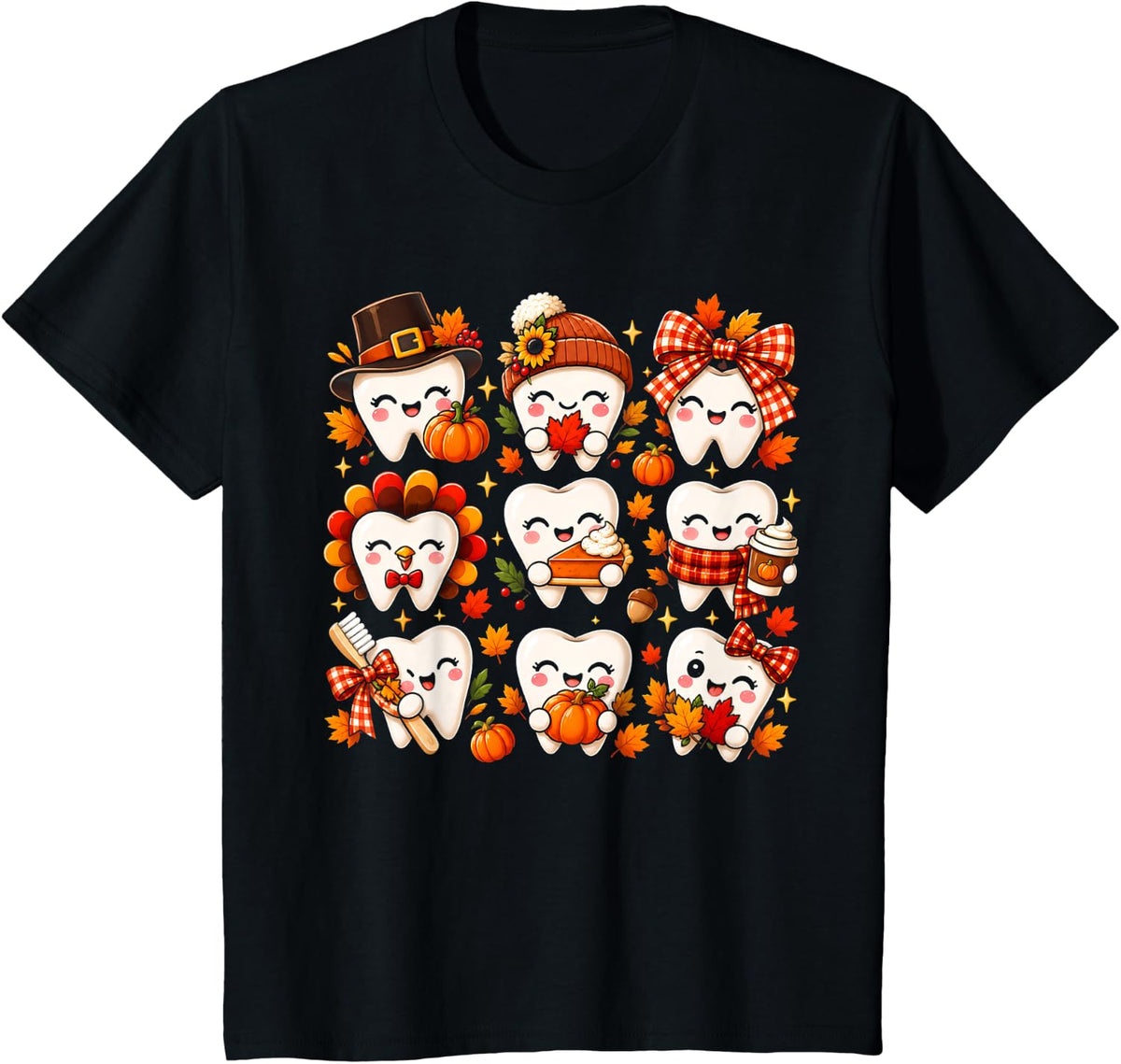 Dental Hygienist Assistant Dentist Tooth Pumpkin Bow Leaves T-Shirt - Black