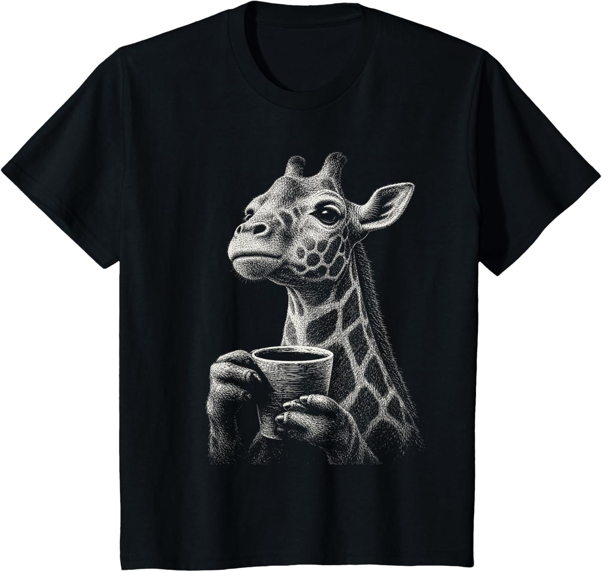 Giraffe Animal Humor Funny Giraffe Drinking Coffee Lover T-Shirt - Black