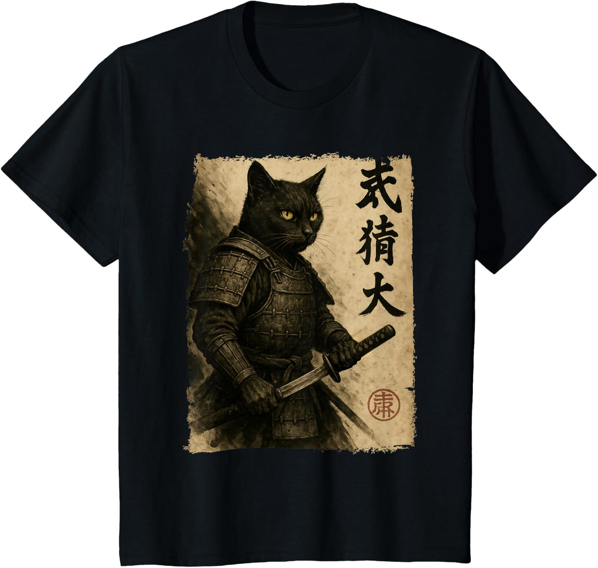 Samurai Cat Warriors Ukiyo-e Retro Graphic Art Cat Samurai T-Shirt - Black