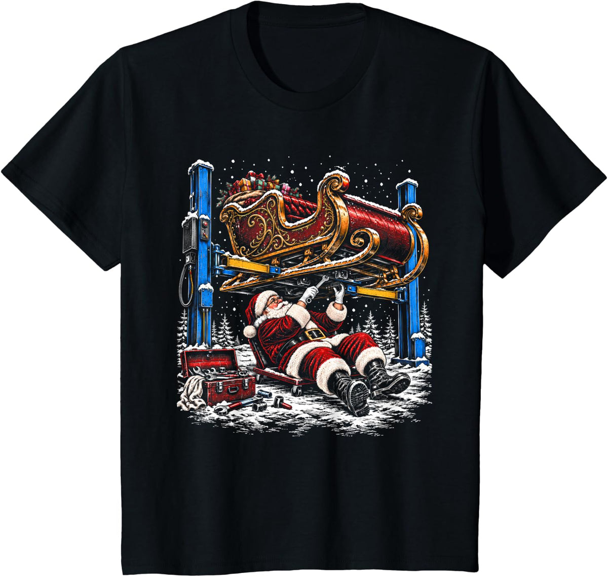 Santa Claus Mechanic Christmas Retro Vintage T-Shirt - Black