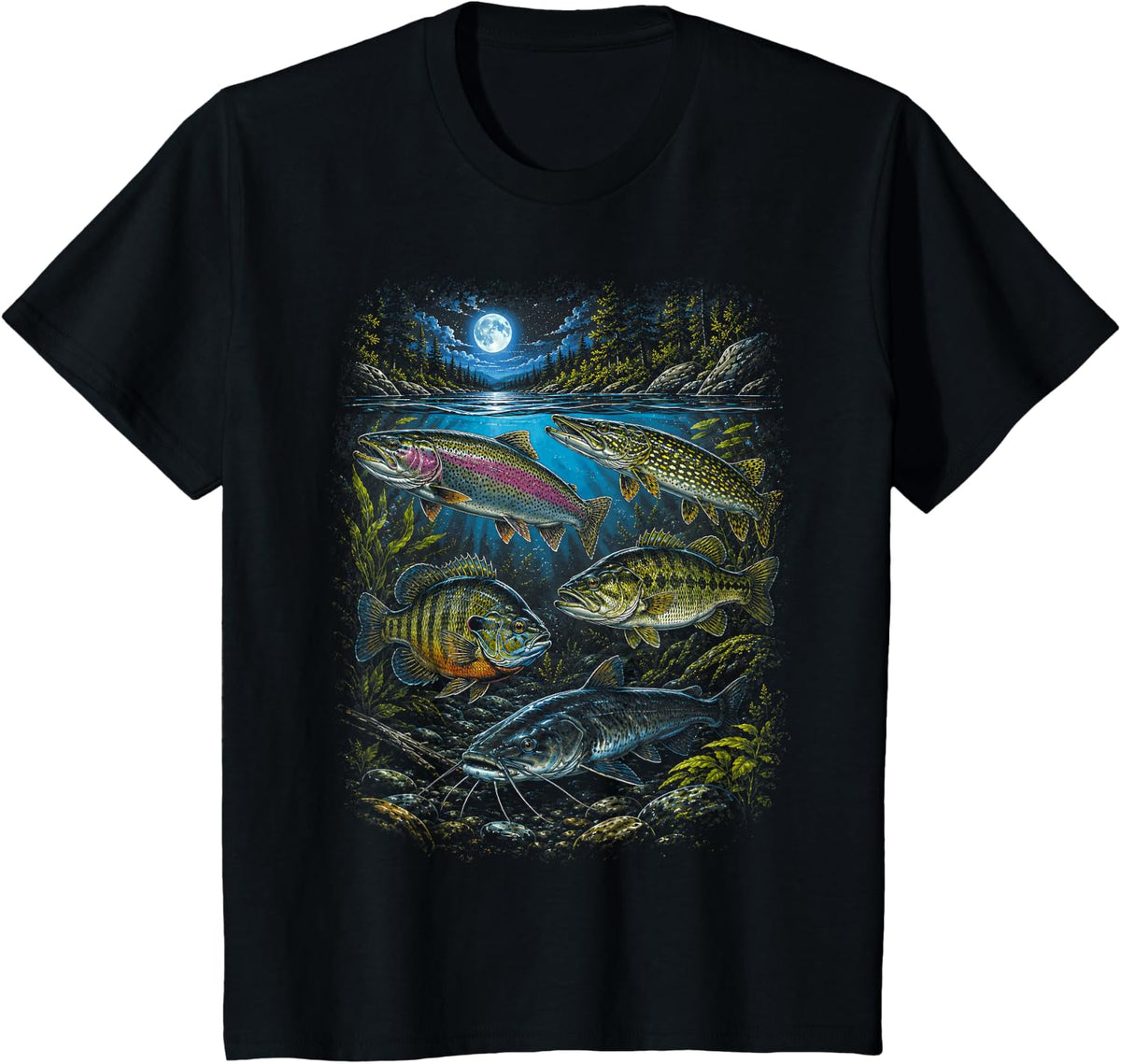 90's Vintage Freshwater Fishing Bass Trout Catfish Outdoor T-Shirt - Black