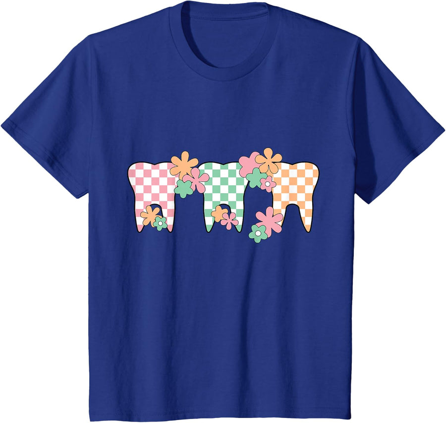 Spring Checkered Floral Dental Hygienist Ortho Team Design T-Shirt - Royal Blue