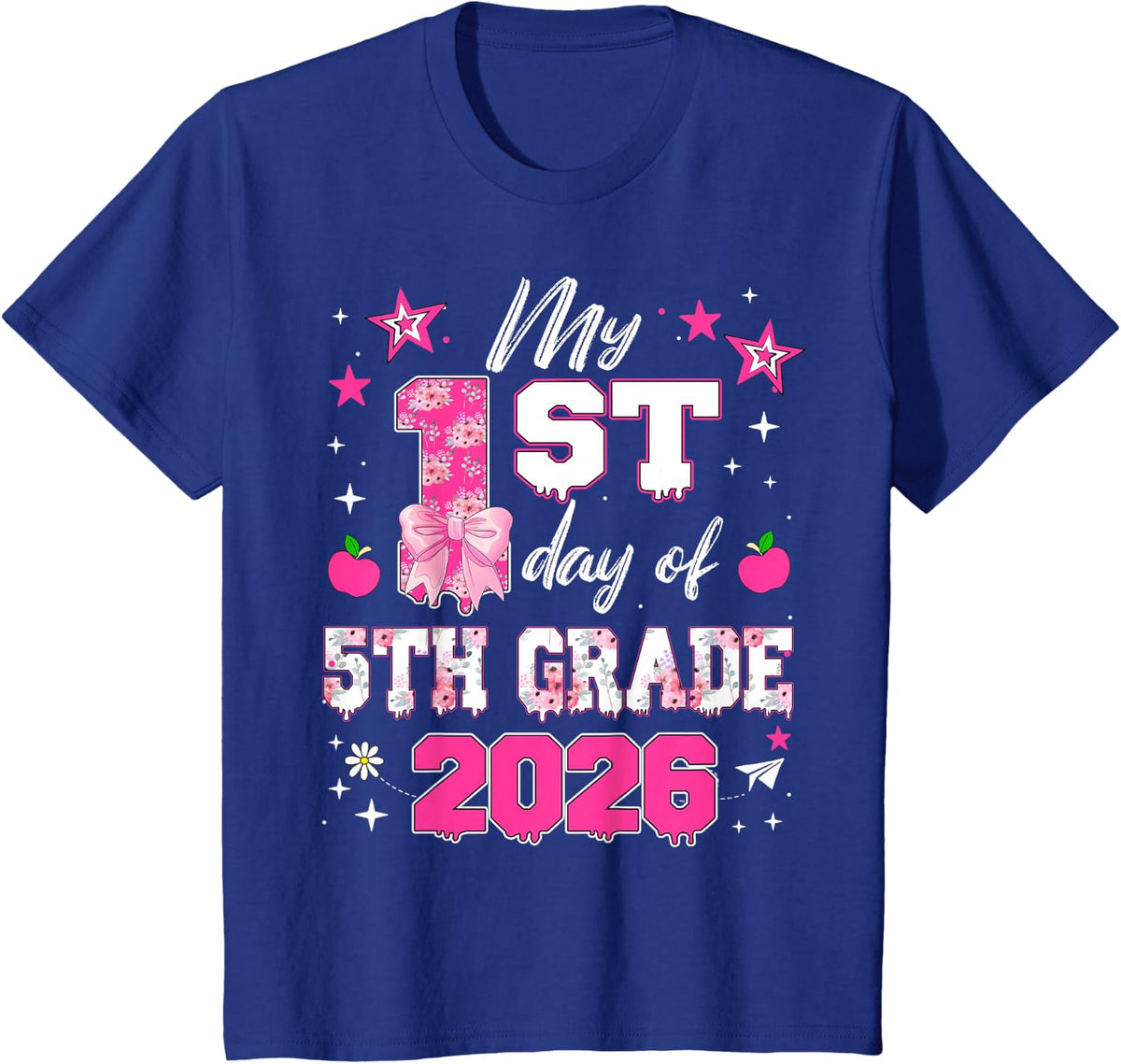Back to School My 1st Day of 5th Grade Floral Girl Teacher T-Shirt - Royal Blue