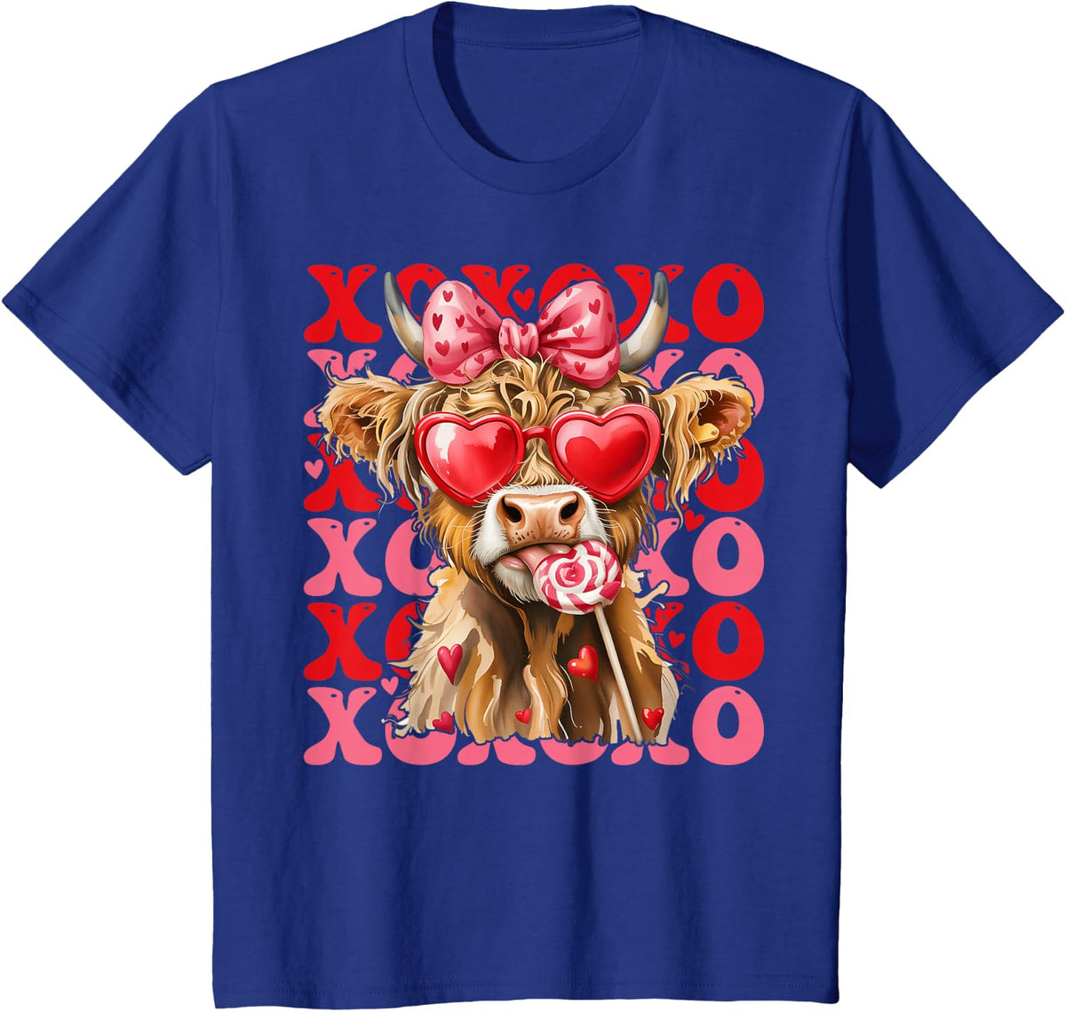 Valentine XOXO Highland Cow Cute Coquette Bow Western T-Shirt - Royal Blue