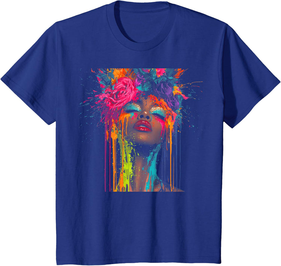 Black Queen Floral Afro Hairstyle Dripping Face Portrait T-Shirt - Royal Blue