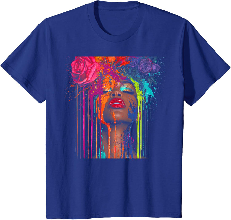 Afro Black Queen Floral Color Painted Face Dripping Women T-Shirt - Royal Blue
