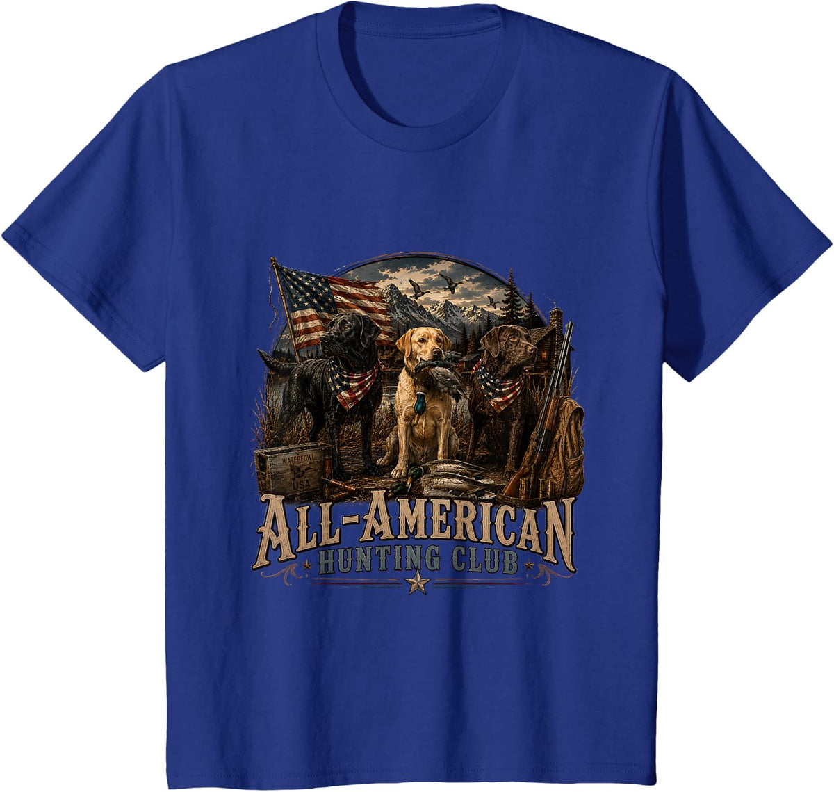 All American Hunting Club Duck Hunter Lab Dogs Mens Graphic T-Shirt - Royal Blue