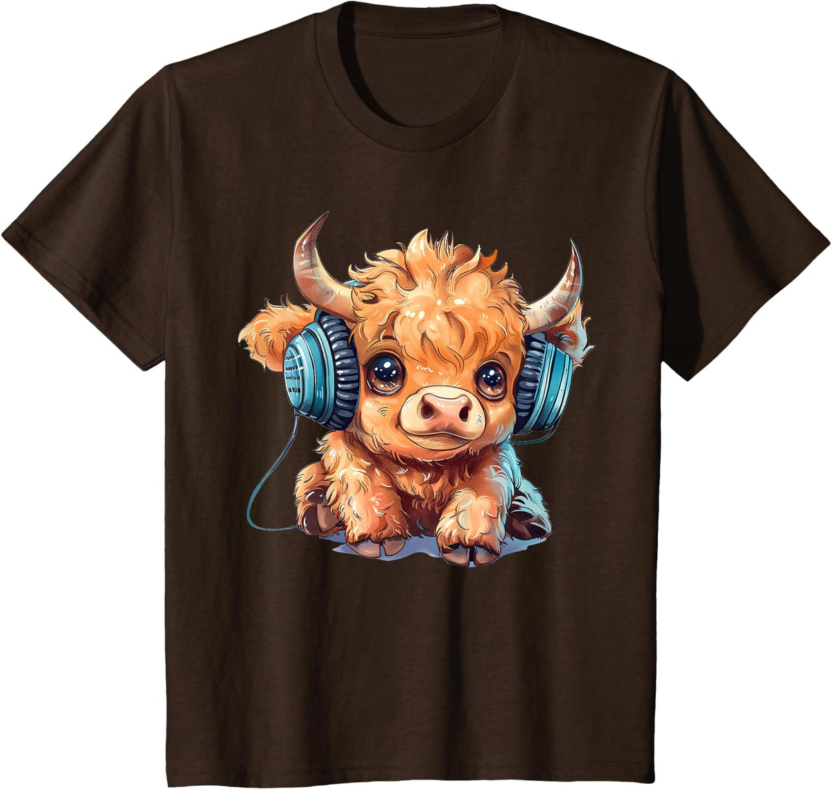 Kawaii Chibi Highland Cow Wearing Headphones Music Lover T-Shirt - Brown