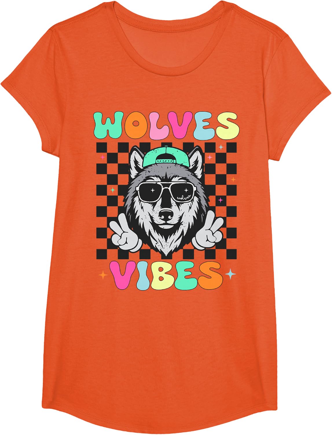 First Day of School Vibe Retro Wolves Vibes Teacher Kids T-Shirt - Girls Orange