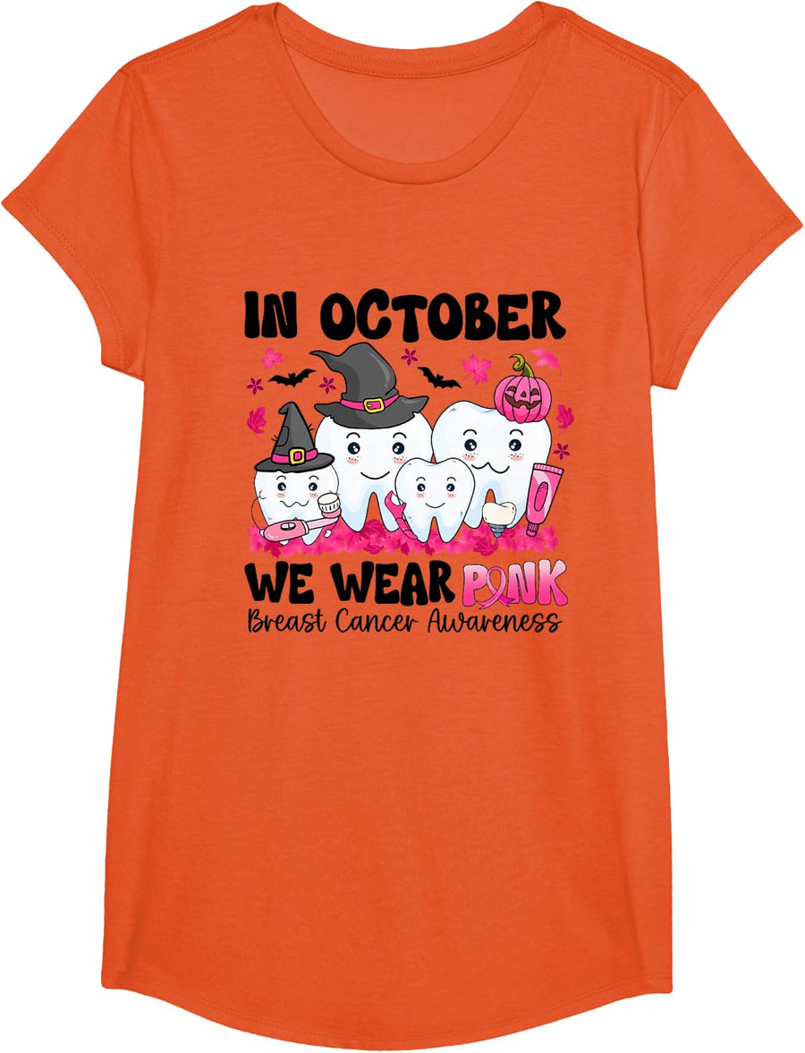 In October We Wear Pink Tooth Dental Breast Cancer Halloween T-Shirt - Girls Orange