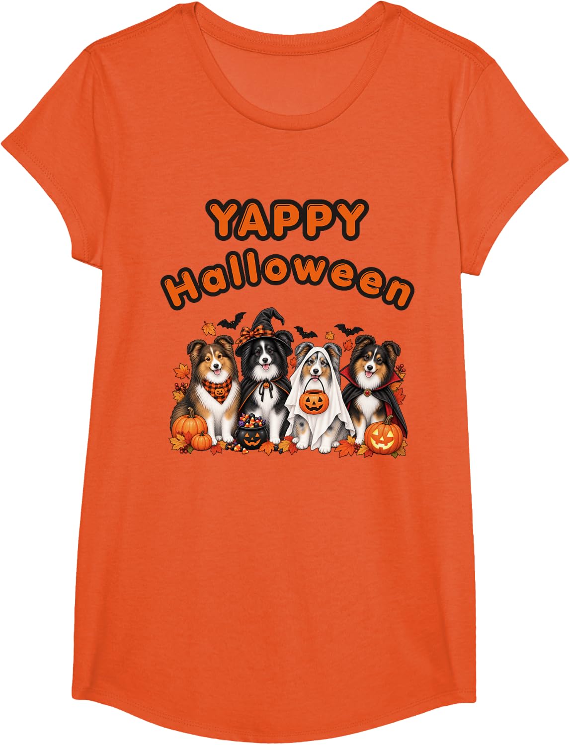 Sheltie Halloween Bi Black Tri Merle Sheltie Yappy Halloween T-Shirt - Girls Orange